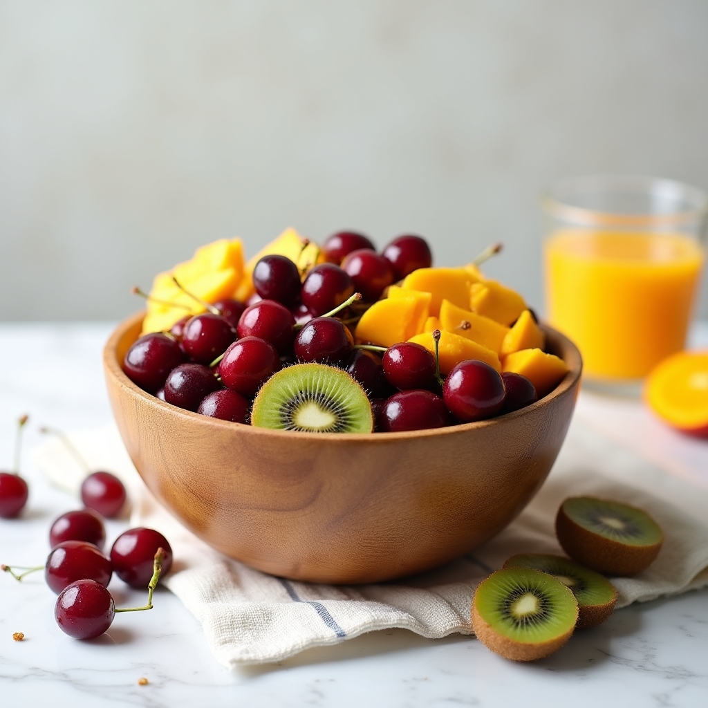 Bol de fruits frais colorés sur une surface en bois clair