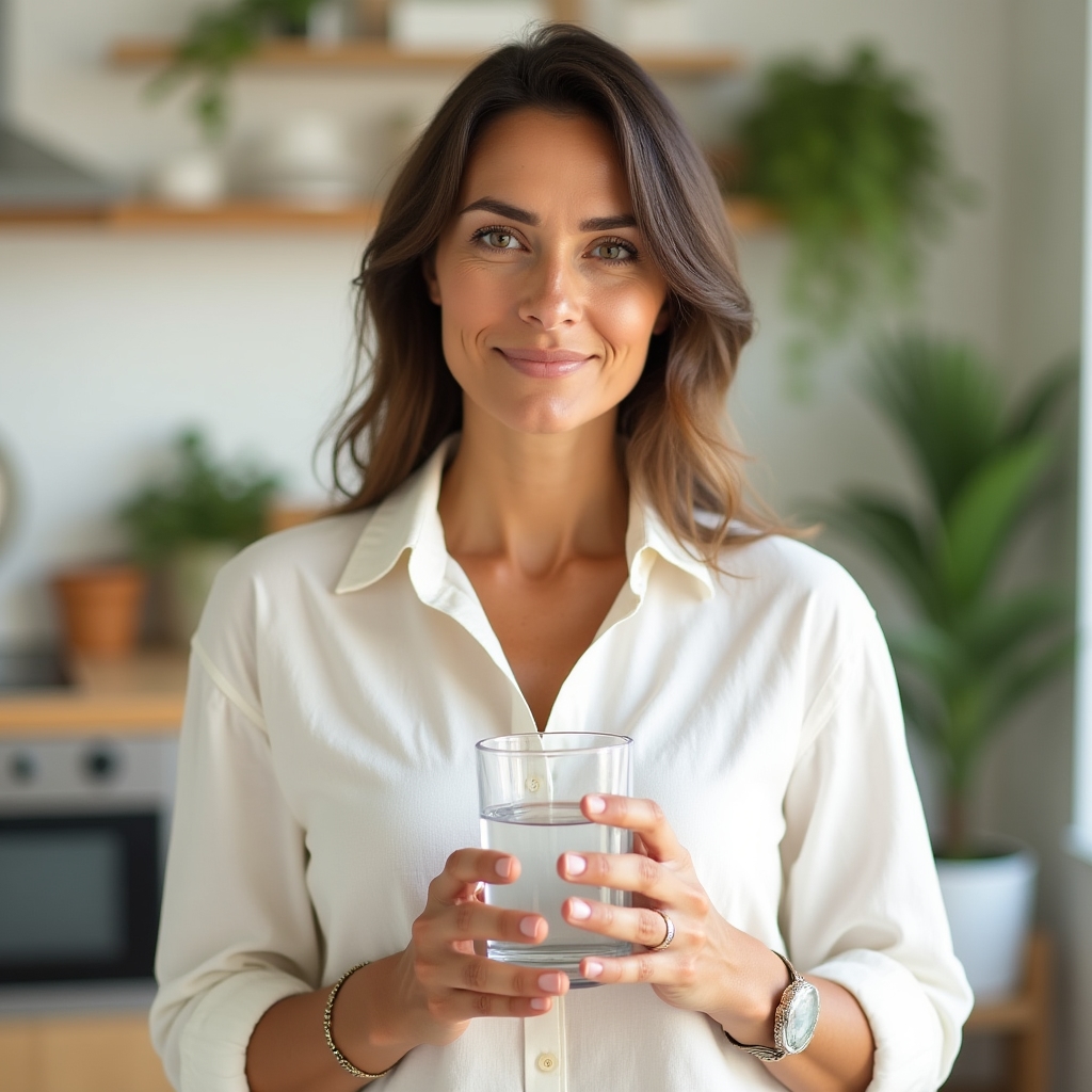 Personne tenant un verre d'eau fraîche avec sérénité
