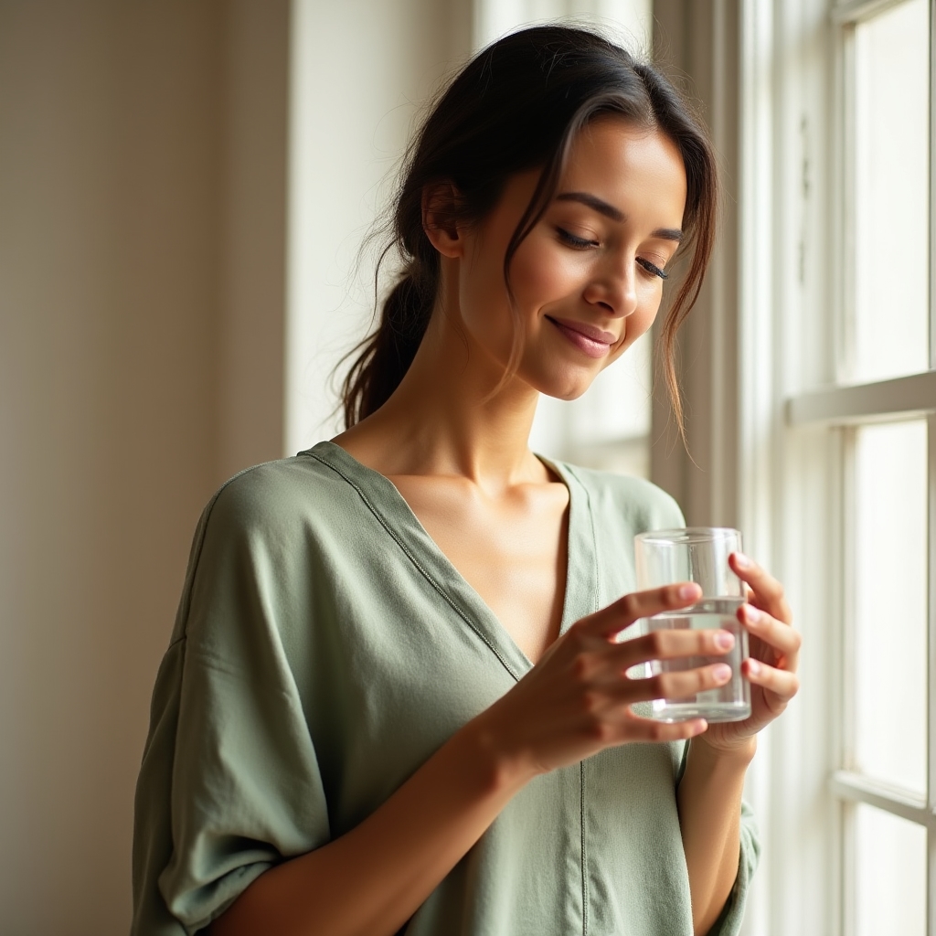 Personne sereine pratiquant une routine matinale douce