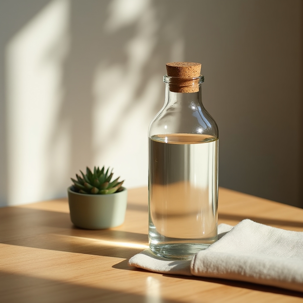 Gourde en verre posée sur un bureau naturel avec lumière douce