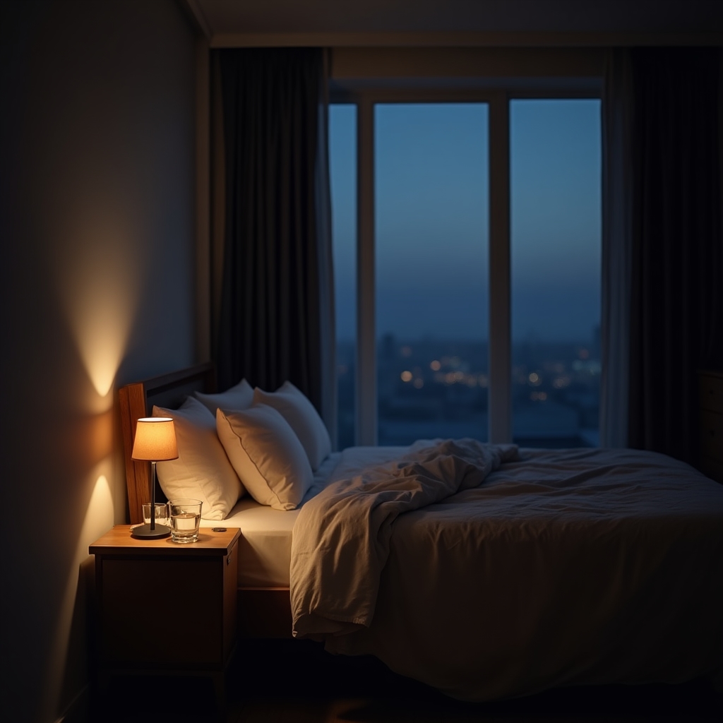 Chambre apaisante avec lumière douce et environnement propice au sommeil